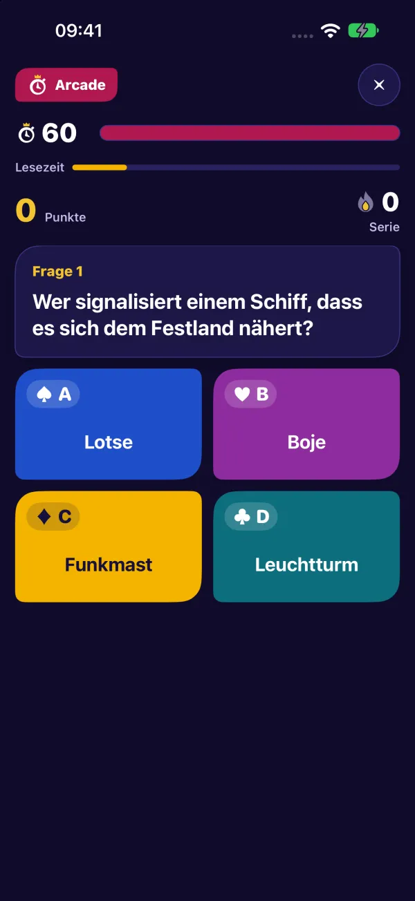 Arcade-Runde: Oben 60 Sekunden Restzeit und die Lesezeit, darunter Frage 1 „Wer signalisiert einem Schiff, dass es sich dem Festland nähert?“ mit den vier farbigen Antworten Lotse, Boje, Funkmast und Leuchtturm.