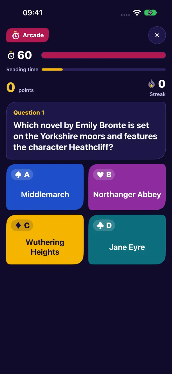 Arcade round: 60 seconds left and the reading time at the top, then question 1, “Which novel by Emily Bronte is set on the Yorkshire moors and features the character Heathcliff?”, with four coloured answers: Middlemarch, Northanger Abbey, Wuthering Heights and Jane Eyre.
