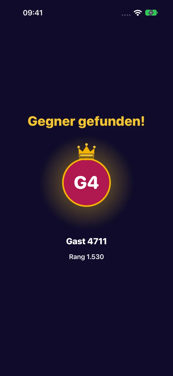 Zufallsduell: „Gegner gefunden!“ – ein Avatar mit Krone, darunter Gast 4711 mit Rang 1.530.