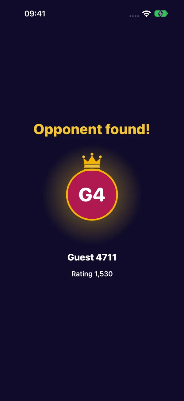 Random duel: “Opponent found!” – an avatar wearing a crown, with Guest 4711 and a rating of 1,530 below.