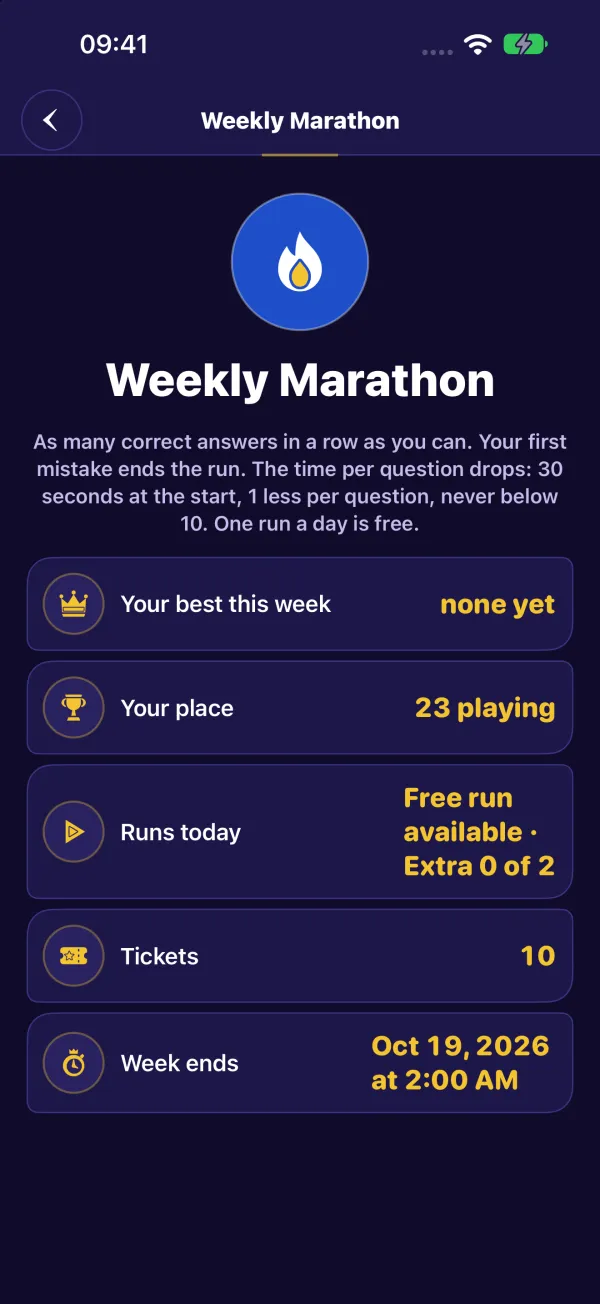 Weekly Marathon: as many correct answers in a row as you can; the time per question drops from 30 seconds by one second per question, never below 10. Below: your best this week, your place, runs today, tickets and when the week ends.