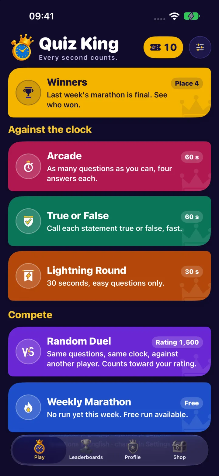 The Quiz King home screen on iPhone: the wordmark with its crown, then the cards Winners, Arcade, True or False, Lightning Round and Random Duel.