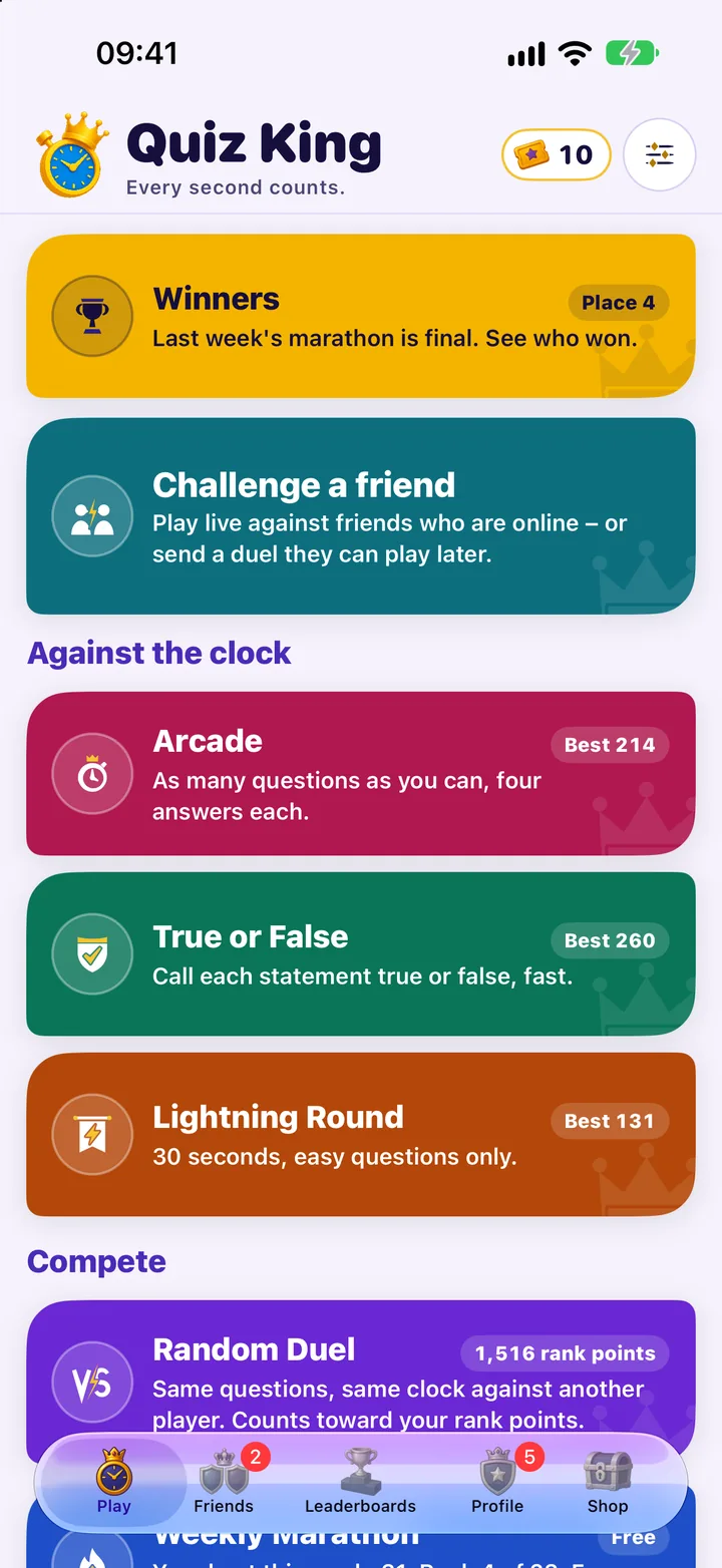 The Quiz King home screen on iPhone: the wordmark with its crown and 10 tickets, then the cards Winners, Challenge a friend, Arcade, True or False, Lightning Round and Random Duel, with the tab bar Play, Friends, Leaderboards, Profile and Shop at the bottom.