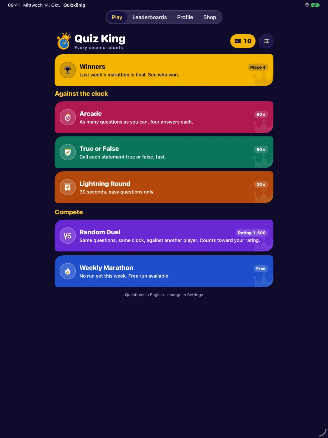 Home screen on iPad: the Quiz King wordmark at the top, then the cards Winners, Arcade, True or False, Lightning Round, Random Duel and Weekly Marathon.