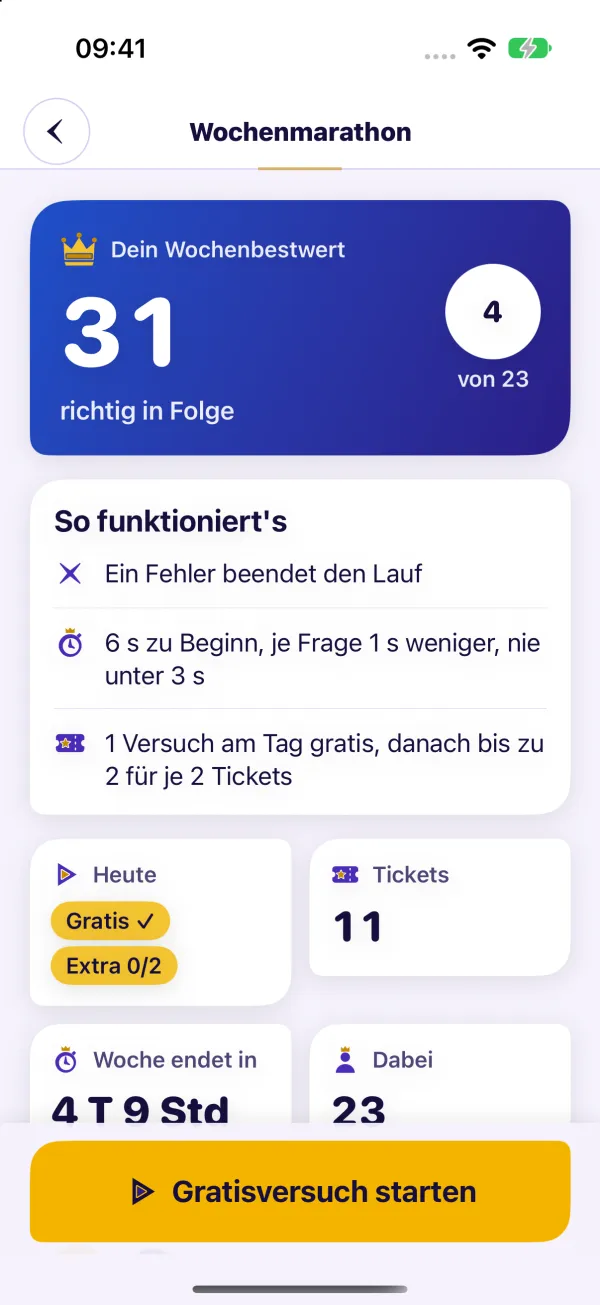 Wochenmarathon in hellem Erscheinungsbild: blaue Karte „Dein Wochenbestwert“ mit 31 richtig in Folge und Platz 4 von 23, darunter „So funktioniert's“ und der goldene Knopf „Gratisversuch starten“.