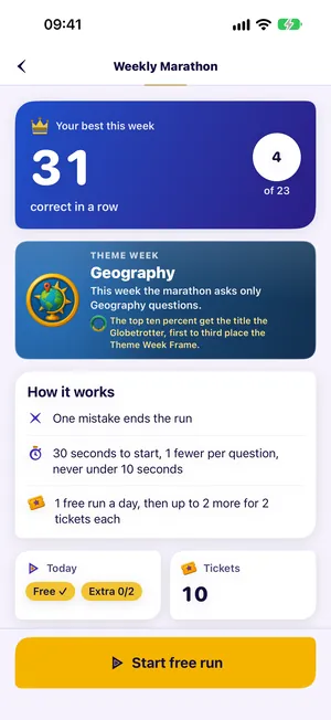 Weekly Marathon: blue card “Your best this week” with 31 correct in a row and place 4 of 23, then the theme week “Geography”, how it works, today’s status with 10 tickets, and the gold “Start free run” button.