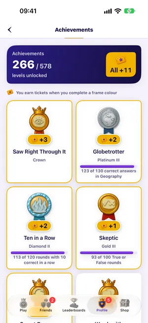Achievements: 266 of 578 levels unlocked, with medals such as Saw Right Through It, Globetrotter, Ten in a Row and Skeptic, each with a ticket reward and a progress bar.