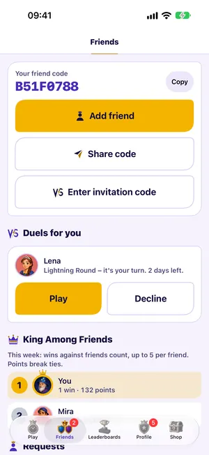 Friends: your friend code with a Copy button, the buttons Add friend, Share code and Enter invitation code, then a Lightning Round from Lena to play or decline, and the King Among Friends ranking.