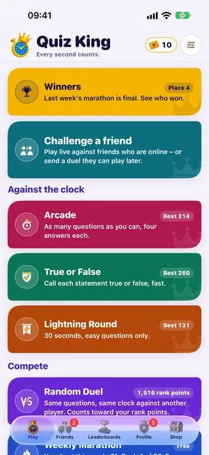 Home screen with the Quiz King wordmark: cards for Winners, Challenge a friend, Arcade, True or False, Lightning Round and Random Duel, each with a best score, and the tab bar Play, Friends, Leaderboards, Profile and Shop at the bottom.