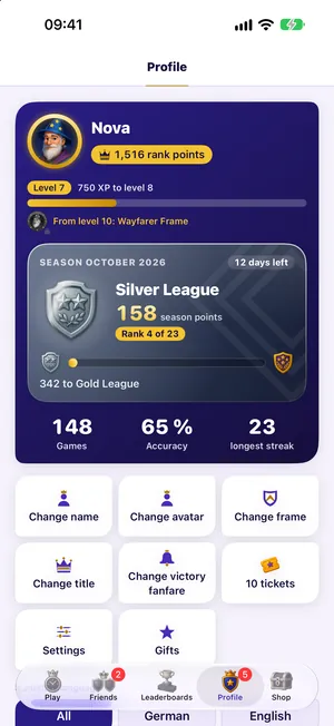 Nova’s profile: level 7, 750 XP to level 8 and the note “From level 10: Wayfarer Frame”, the season card with the Silver League, 148 games, 65 percent accuracy, 23 as the longest streak, and buttons to change name, avatar, frame, title and victory fanfare.